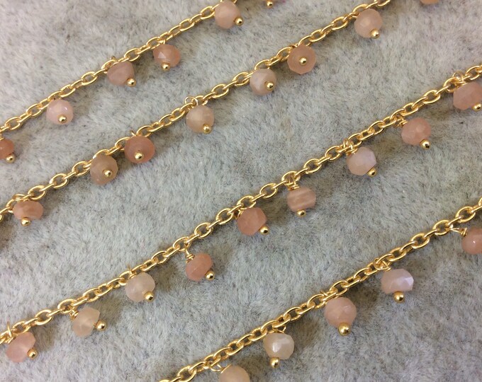 Gold Plated Copper Spaced Single Dangle Wrapped Chain with 3-4mm Peach Moonstone Rondelle Dangles - Sold by 1 Foot Length! (SD020-GD)