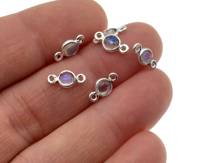 BULK PACK of Six (6)  Sterling Silver smooth Moonstone Round Shaped Bezel Connectors - Measuring 3-4mm. Approximately.