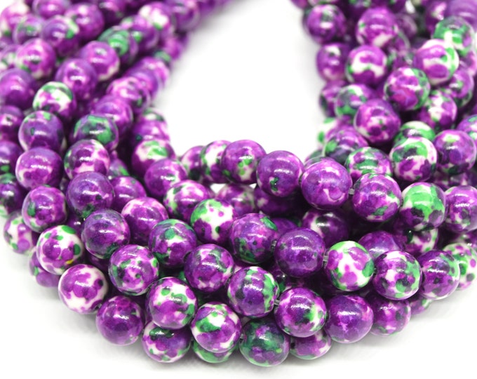 Dyed Mottled Jade Beads | Dyed Deep Purple Green and White Round Gemstone Beads - 6mm 8mm 10mm 12mm Available