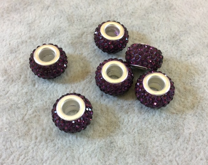 8mm x 12mm Dark Purple Rhinestone Inlaid Silver Metal Rondelle Beads - Sold in Packs of Six (6) - European Charm Bracelet Style Beads