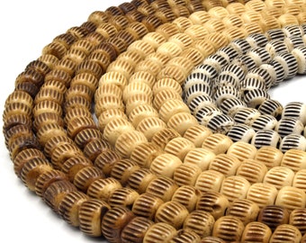 Carved Ox Bone Rondelle Beads: White, Brown, and Medium Brown