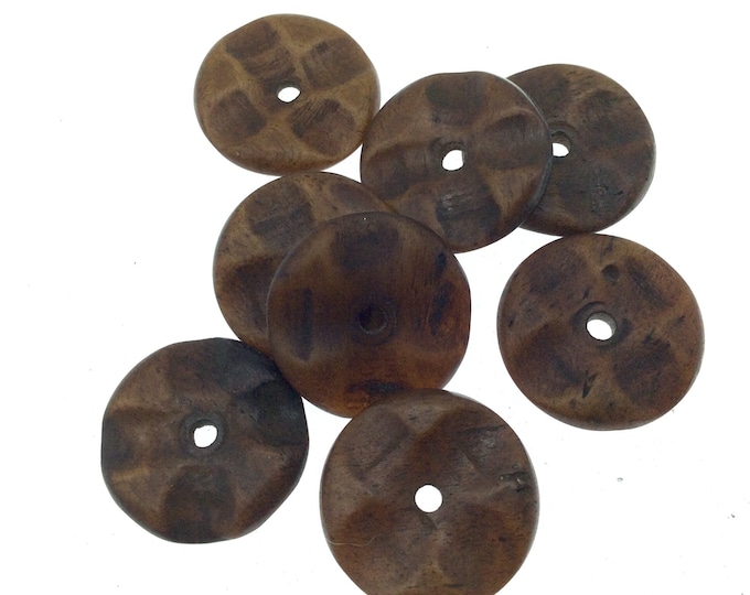 20mm Hand Carved Dark Brown Natural Ox Bone Wavy Heishi/Disc Beads with 2mm Holes - Sold in Packs of 25