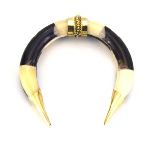 3.5&quot; Black/White Thick Double Ended Crescent Shaped Natural Ox Bone Pendant with Fancy Gold Bail/Caps