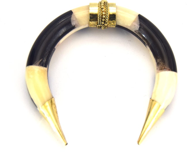 3.5" Black/White Thick Double Ended Crescent Shaped Natural Ox Bone Pendant with Fancy Gold Bail/Caps
