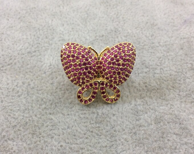 Gold Plated CZ Cubic Zirconia Inlaid Pink Butterfly Bolo Slide Copper - Measures 23mm x 28mm, Approx. - Sold Individually