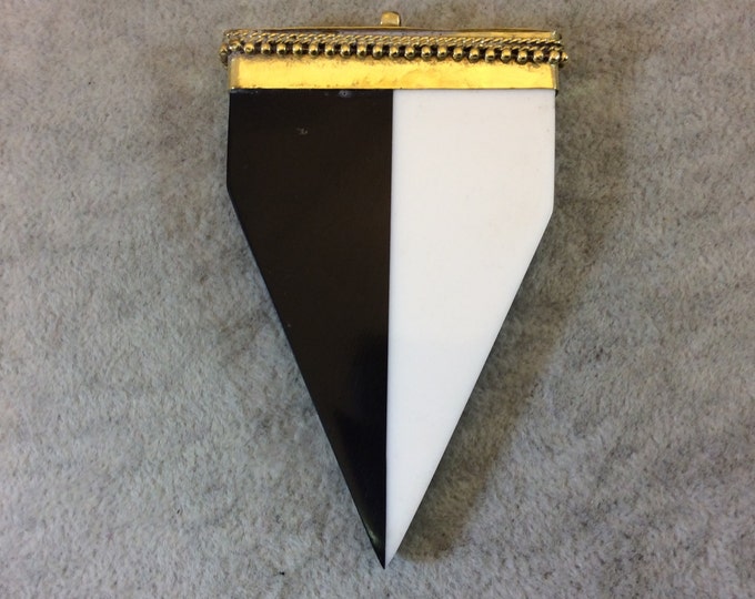 3" Black/White Half and Half Pointed Flat Arrow Shaped Natural Ox Bone Pendant with Dotted Gold Cap - Measuring 45mm x 75mm