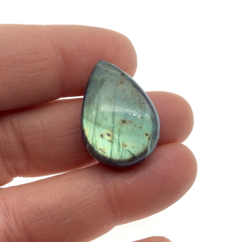 9mm Dome Height Measuring 18mm x 20mm Natural Gemstone Cab AAA Teardrop Shaped Iridescent GreenBlue Labradorite Flat Back Cabochon