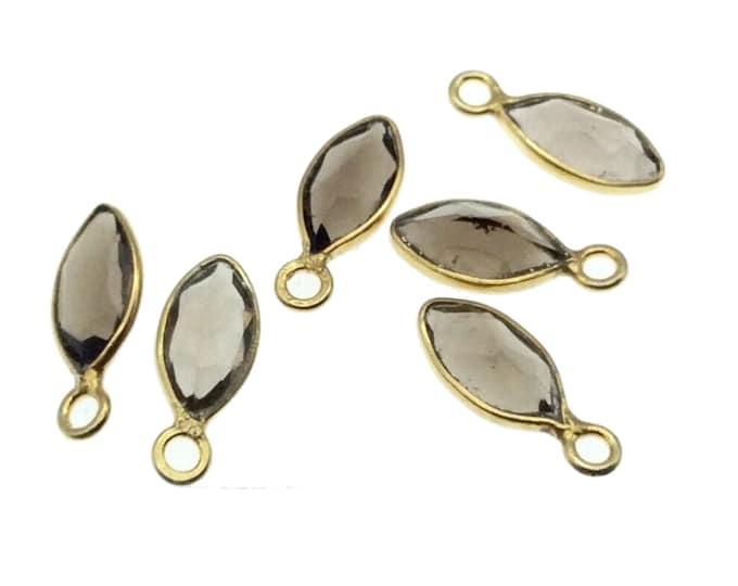 BULK PACK of Six (6) Gold Sterling Silver Pointed/Cut Stone Faceted Marquise Shaped Smoky Quartz Bezel Pendants - Measuring 4mm x 8mm