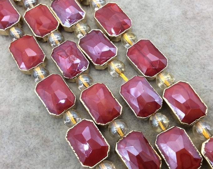 Chinese Crystal Beads | 10mm x 14mm Gold Electroplated Glossy Finish Faceted Opaque Deep Red Rectangle Glass Beads