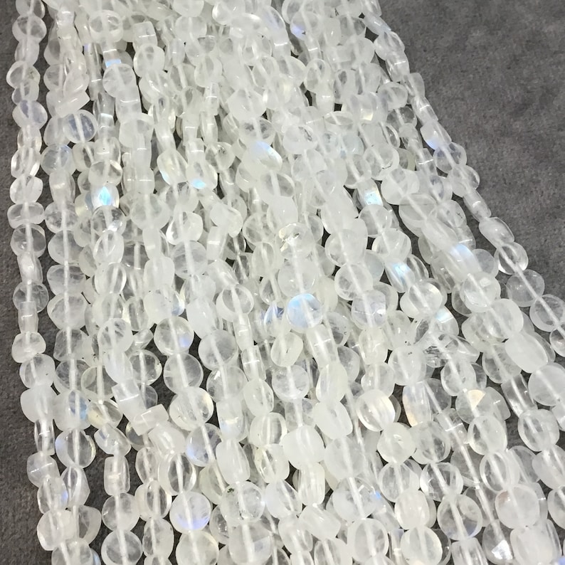 High Quality Hand-Cut Semi-Precious Gemstone ~69 Beads 4.5-5mm x 4.5-5mm Freeform Faceted Coin Shaped Rainbow Moonstone Beads 14 Strand