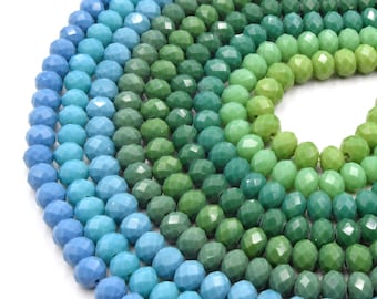 Chinese Crystal Beads | 8mm Faceted Opaque Rondelle Shaped Crystal Beads | Teals, Greens