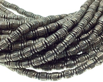 Silver Finish Lined Barrel Pattern Pewter Beads - 10" Strand (Approximately 44 Beads) - Measuring 4mm x 6mm, Approx. - 2mm Hole Size