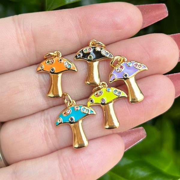 Mushroom Charms for Jewelry Making - Enamel and Gold Plated Pendants