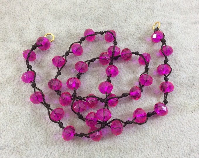 Chinese Crystal Beads | 18" Dark Brown Thread Necklace Section with 8mm Faceted Glossy Finish Rondelle Shaped Trans. Bright Pink Glass Beads