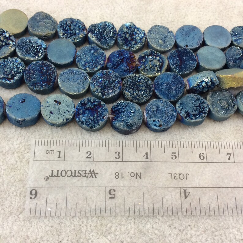 Approximately 16 Beads 12mm BlueGreen Premium Druzy Agate Flat RoundCoin Shaped Beads - Natural Semi-Precious Gemstone 8 Strand