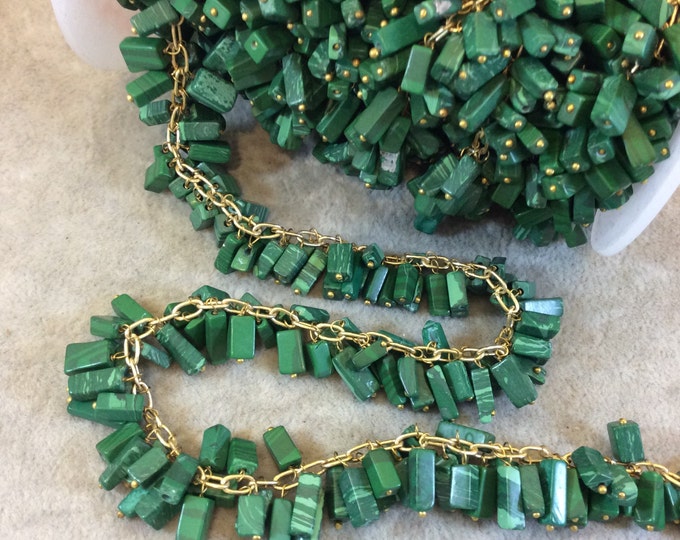 Gold Plated Copper Double Dangle Rosary Chain with 8-10mm Rectangle Shaped Syn. Grass Malachite Beads - Sold by the Foot Only - Beaded Chain