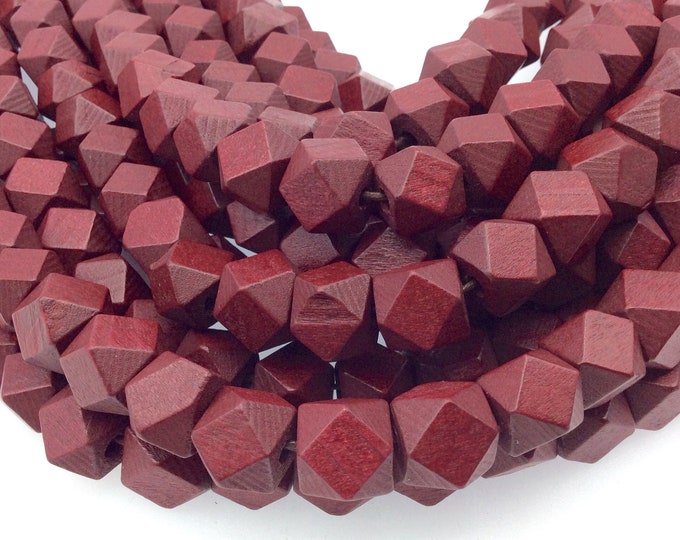 12mm wood Red Colored Natural Wooden Faceted/Step Cut Shaped Beads with 2mm Holes - Sold by 14.5" Strands (Approx. 32 Beads)