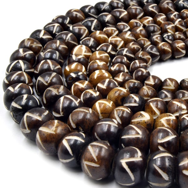 Carved Ox Bone Rondelle Beads | Mixed Brown Angle Slash Carved Bone Beads | 8mm 10mm 12mm 14mm Available