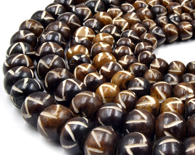 Carved Ox Bone Rondelle Beads | Mixed Brown Angle Slash Carved Bone Beads | 8mm 10mm 12mm 14mm Available
