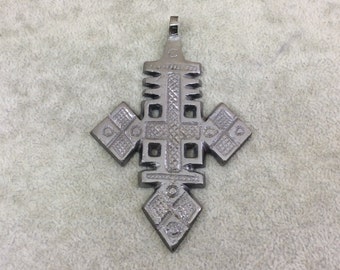 3.5" Gunmetal Ethiopian Cross Shaped (Style B) Plated Brass Pendant with Horizontal Bail - Measuring 57mm x 92mm - Sold Individually