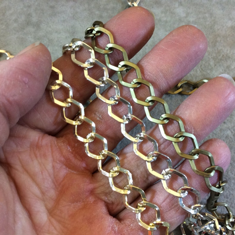 A1519 FULL SPOOL Three Finishes Available Silver Plated Aluminum Wide DiamondAngular Shaped Flat Link Curb Chain with 9mm x 11mm Links