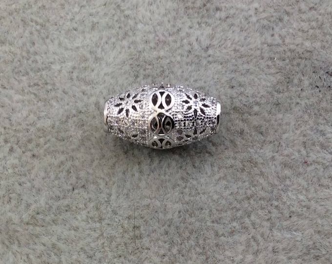 Silver Plated CZ Cubic Zirconia Inlaid Filigree Tapered Barrel Bead - Measures 10mmx18mm, Approx. - Sold Individually, RANDOM