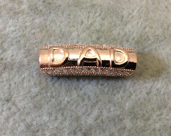 Rose Gold Plated CZ Cubic Zirconia Inlaid Curved Tube/Macaroni Shaped "DAD" Bead W White CZ -  ~ 7mm x 21mm,  - Sold Individually, Random
