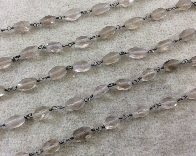 Gunmetal Plated Copper Wrapped Rosary Chain with 8-12mm Long Faceted Natural Smoky Quartz Nugget Beads - Sold by 1' Cut Sections or in Bulk!