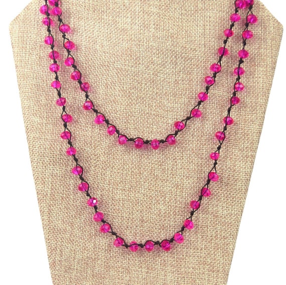 Hot Pink Crystal Bead Necklace: 72" Hand Woven Rondelle AB Finish
