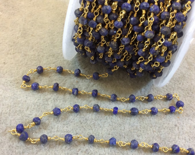 Gold Plated Copper Rosary Chain with Faceted 4mm Rondelle Shape Lapis Lazuli Beads (CH128-GD) - Sold by the Foot! - Natural Beaded Chain