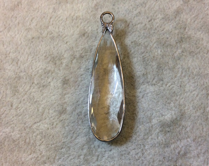 Gunmetal Plated Faceted Clear Hydro (Lab Created) Quartz Heart/Teardrop Shaped Bezel Pendant - Measuring 13mm x 44mm - Sold Individually