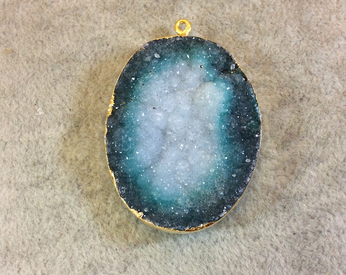 Premium Gold Plated Oval Shape Emerald Green/White Druzy Pendant - Measuring 31mm x 40mm Approx. - Electroformed Pendant - Sold Individually