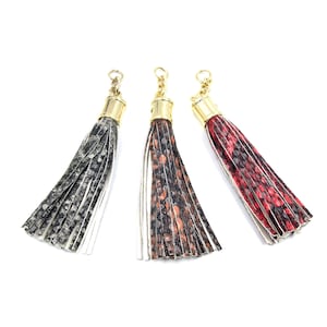 Faux Leather Snakeskin Tassel Pendants | 3 Inch, Plated Copper Chain (Red, Grey, Brown)