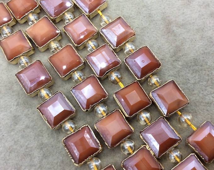 Chinese Crystal Beads | 12mm x 12mm Gold Electroplated Glossy Finish Faceted Opaque Burnt Orange Square Glass Beads