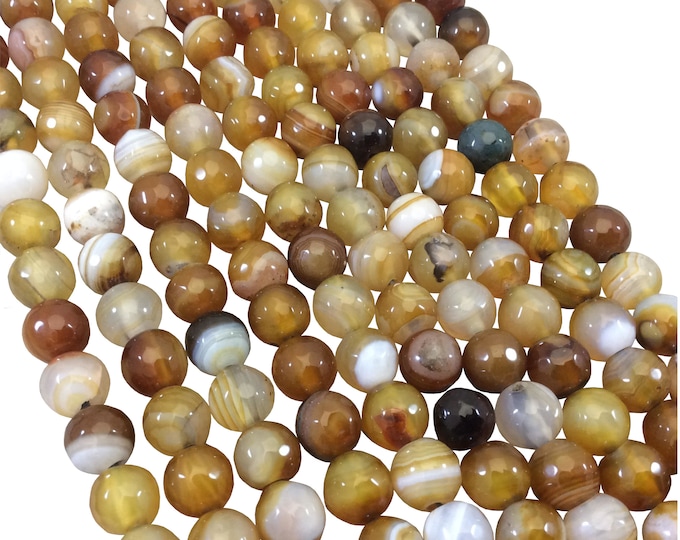 8mm Natural Mixed Yellow/Brown Agate Faceted Glossy Round/Ball Shape Beads W 1.5mm Holes - 7.5" Strand (Approx. 24 Beads) - LARGE HOLE BEADS