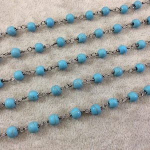 Gunmetal Plated Copper Rosary Chain with Matte 6mm Round Shaped Turquoise Blue Veined Howlite Beads - Sold by the Foot or Bulk! (CH299-GM)
