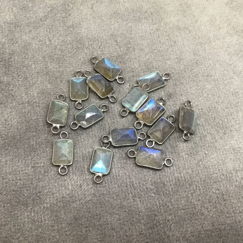 Labradorite Bezel Meas 5mm x 7mm BULK PACK of Six Gunmetal Sterling Silver PointedCut Stone Faceted Rectangle Shaped Connectors 6
