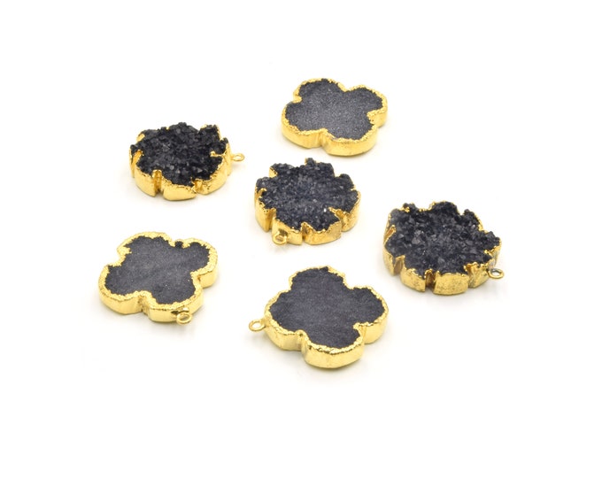 Druzy Pendant | Gold Electroplated Black Druzy Pendant Charm | Sunshine/Flower and Quatrefoil/Clover Shape Available