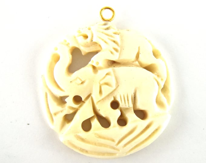 38mm x 40mm - White/Off White - Hand Carved Elephant and Lion - Round Shaped Natural Ox Bone Pendant
