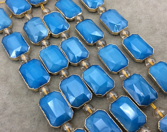 Chinese Crystal Beads | 13mm x 18mm Gold Electroplated Glossy Finish Faceted Opaque Medium Blue Rectangle Glass Beads