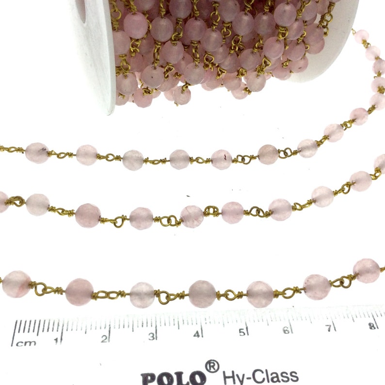 Sold by the foot! Gold Plated Copper Wrapped Rosary Chain with 6mm Faceted Pink Agate Round Shaped Beads