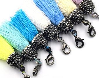 Pave Tassel Pendants | 1.25 Inch CZ Cap Tassel Silk/Polyester Thread Gunmetal Clasp | White, Blue, Yellow, Purple Tassels