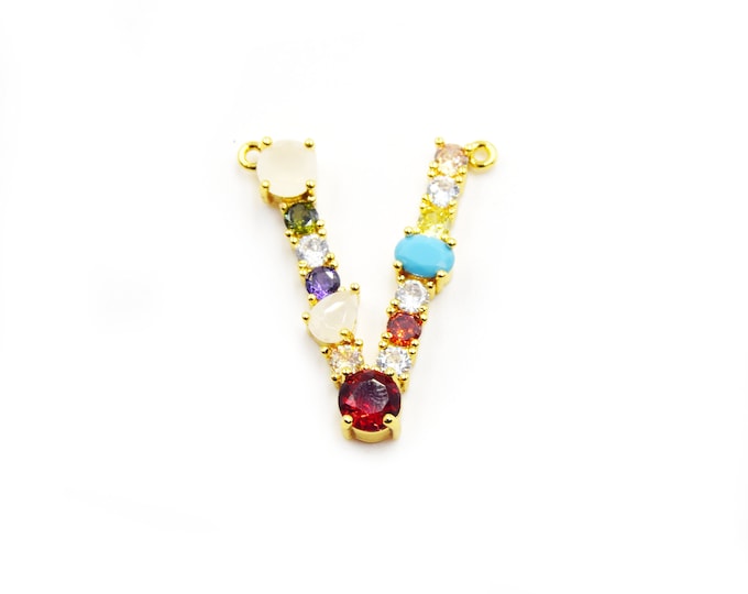 Gold Alphabet Rhinestone Pendant | Letter V Multi-color Rhinestone Pendant with Two Loops - 25mm x 35mm