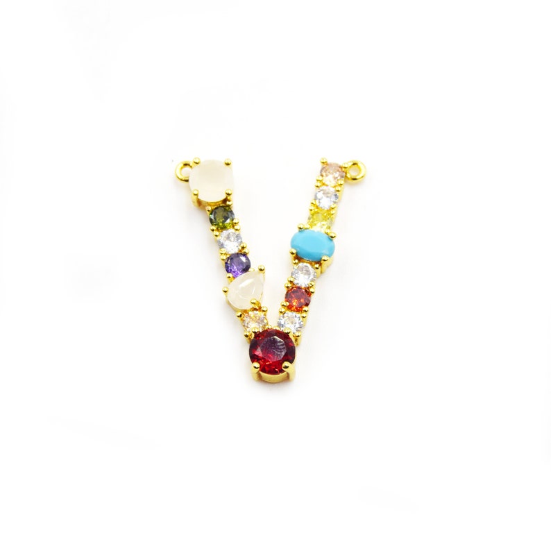 25mm x 35mm Letter V Multi-color Rhinestone Pendant with Two Loops Gold Alphabet Rhinestone Pendant