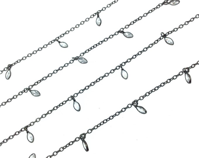 Gunmetal Plated Copper Bezel Dangle Rosary Chain with 2mm x 5mm Cut Stone Flat Back Cubic Zirconia Teardrop Bezels - Sold by the Foot