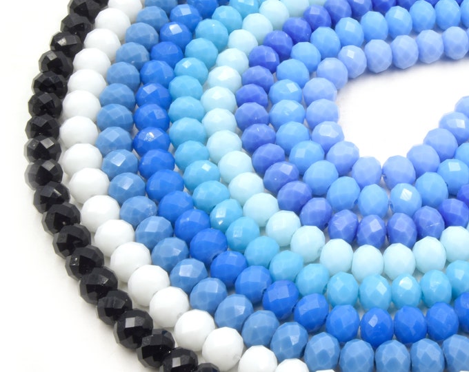 Chinese Crystal Beads | 8mm Faceted Opaque Rondelle Shaped Crystal Beads | Black White Blue Light Blue Teal
