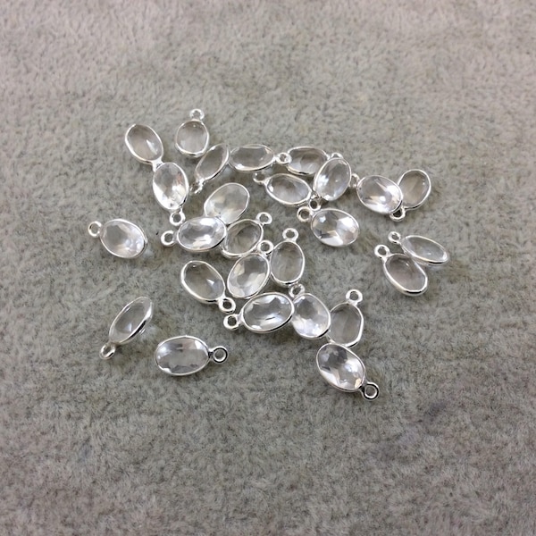 BULK LOT - Pack of Six (6) Sterling Silver Pointed/Cut Stone Faceted Oval Shaped Clear Quartz Bezel Pendants - Measuring 5mm x 7mm