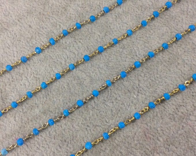 Gold Plated Sterling Silver Wrapped Rosary Chain with 2-3mm Faceted Natural Turquoise Rondelle Shape Beads - Sold per Foot! (SS002-GD)