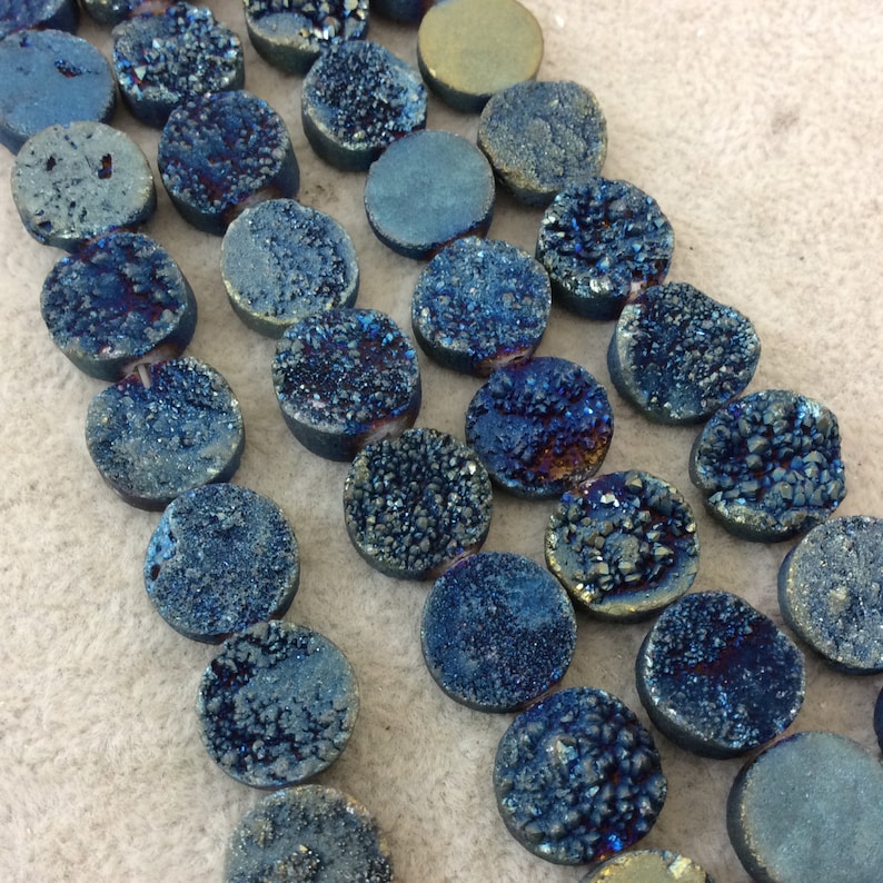 Approximately 16 Beads 12mm BlueGreen Premium Druzy Agate Flat RoundCoin Shaped Beads - Natural Semi-Precious Gemstone 8 Strand