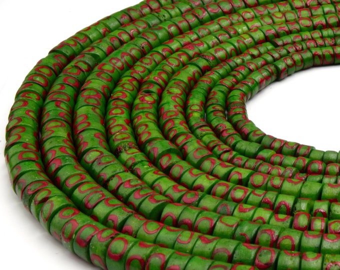 Bone Beads | Batik Heishi Beads | 6mm 8mm 10mm Painted Green with Red Circle